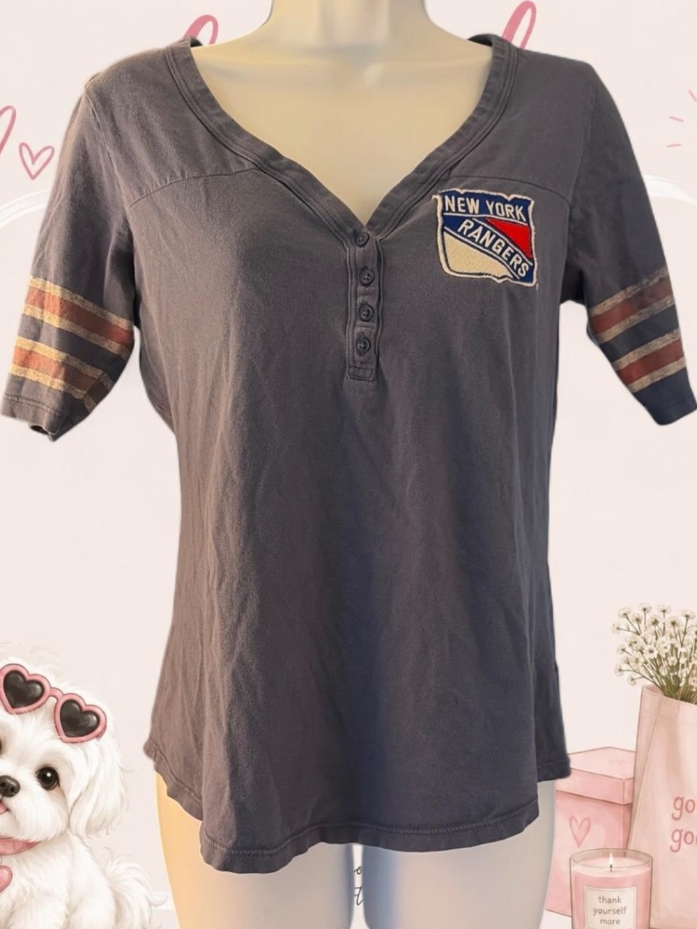 NYR Women's Short-Sleeve Henley Tee  with Stripe Accents